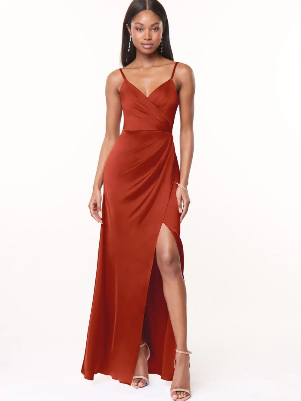 Azazie Satin Maxi Dress Cinnamon Side Slit Fall Wedding Homecoming Bridesmaid 4